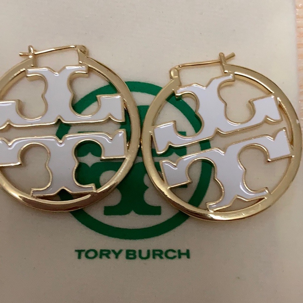 Tory Burch Gold and white logo Hoop Earrings
